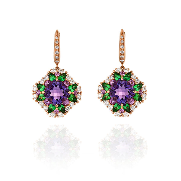 18CT ROSE GOLD AMETHYST, PINK SAPPHIRE, TSAVORITE GARNET & DIAMOND EARRINGS (Image 1)