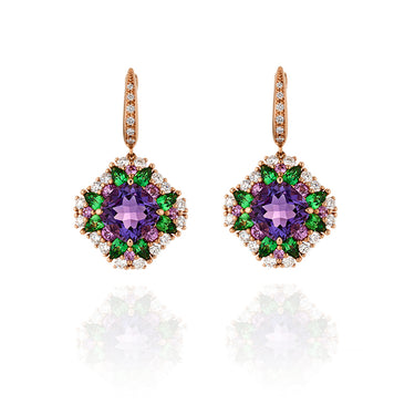 18CT ROSE GOLD AMETHYST, PINK SAPPHIRE, TSAVORITE GARNET & DIAMOND EARRINGS