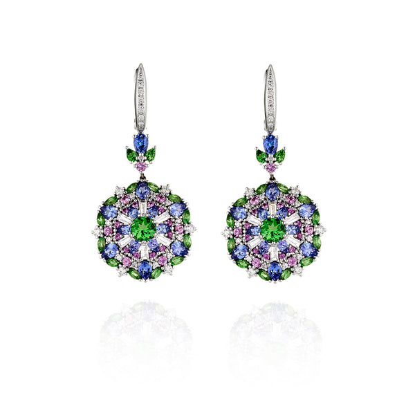 18CT WHITE GOLD DIAMOND, PINK SAPPHIRE, TANZANITE & TSAVORITE EARRINGS (Image 1)
