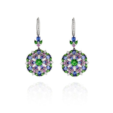 18CT WHITE GOLD DIAMOND, PINK SAPPHIRE, TANZANITE & TSAVORITE EARRINGS