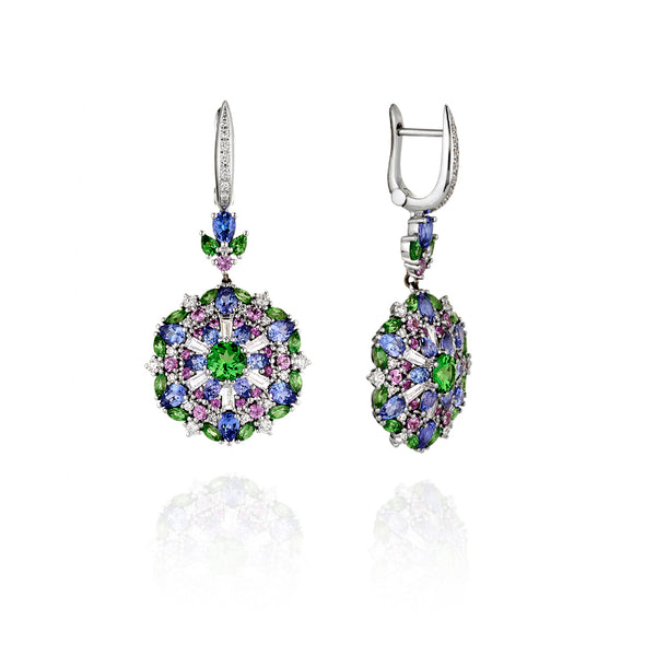 18CT WHITE GOLD DIAMOND, PINK SAPPHIRE, TANZANITE & TSAVORITE EARRINGS (Image 2)