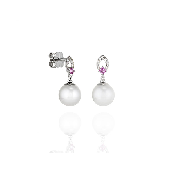 AUTORE 18CT WHITE GOLD SOUTH SEA PEARL, PINK SAPPHIRE & DIAMOND DROP EARRINGS (Image 2)