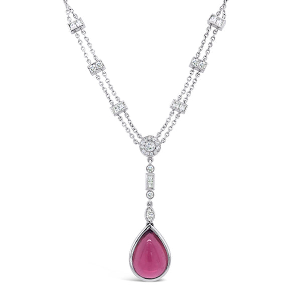 18CT WHITE GOLD PINK TOURMALINE AND DIAMOND DROP NECKLACE (Image 1)