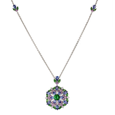 18CT WHITE GOLD DIAMOND, PINK SAPPHIRE, TANZANITE & TSAVORITE NECKLACE