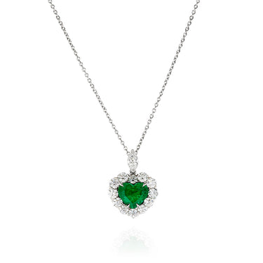 18CT WHITE GOLD HEART SHAPED COLOMBIAN EMERALD & DIAMOND NECKLACE