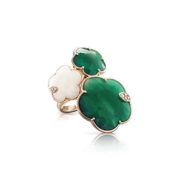 PASQUALE BRUNI 18CT ROSE GOLD TON JOLI RING WITH GREEN & WHITE AGATE & WHITE & CHAMPAGNE DIAMONDS (Image 1)