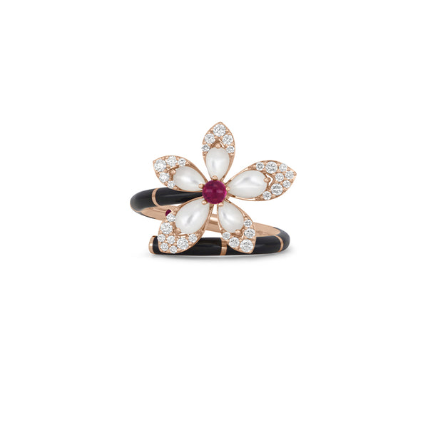 ROBERTO COIN TIARÉ 18CT ROSE GOLD MOTHER OF PEARL, RUBELLITE, BLACK CERAMIC & DIAMOND RING (Image 1)
