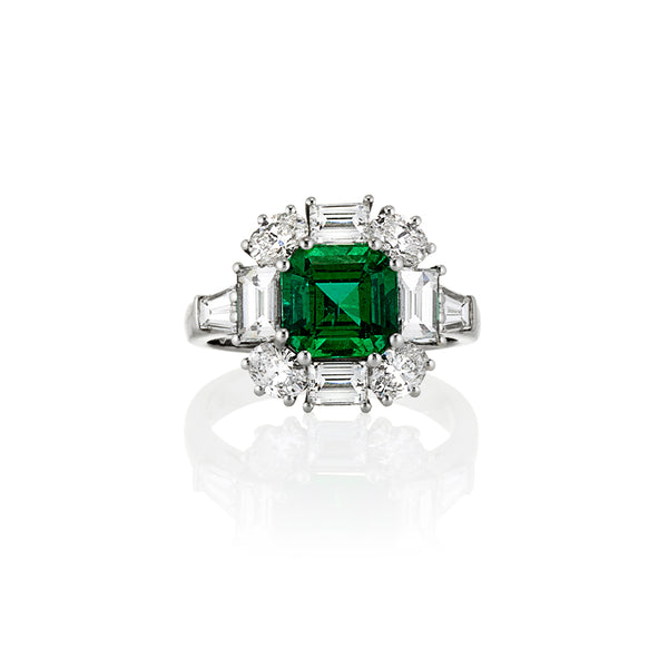 NEW ITALIAN ART 18CT WHITE GOLD ZAMBIAN EMERALD & DIAMOND RING (Image 1)