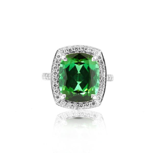 18CT WHITE GOLD DIAMOND AND CUSHION CUT GREEN TOURMALINE RING (Image 1)