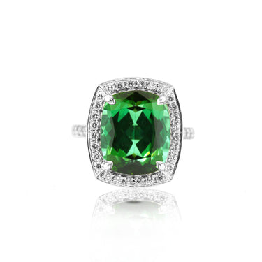 18CT WHITE GOLD DIAMOND AND CUSHION CUT GREEN TOURMALINE RING