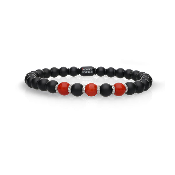 DEMEGLIO 'SFERA' 18CT WHITE GOLD CORAL SPHERES AND DIAMONDS BLACK STRETCH BRACELET (Image 1)