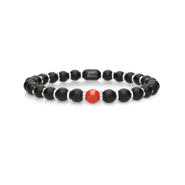 DEMEGLIO 'SFERA' 18CT WHITE GOLD CORAL SPHERE AND DIAMONDS BLACK STRETCH BRACELET (Image 1)