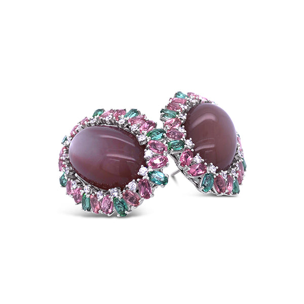 18CT WHITE GOLD, MOONSTONE, PINK AND GREEN TOURMALINE AND DIAMOND EARRINGS (Image 2)