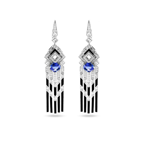 'NORMANDY COLLECTION' 18CT WHITE GOLD TANZANITE, DIAMOND AND BLACK ENAMEL DROP EARRINGS (Image 2)