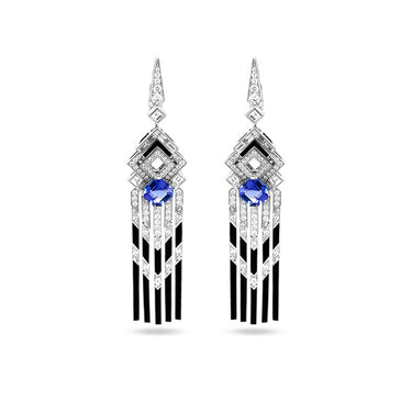 'NORMANDY COLLECTION' 18CT WHITE GOLD TANZANITE, DIAMOND AND BLACK ENAMEL DROP EARRINGS