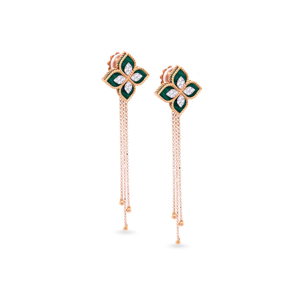 ROBERTO COIN 'PRINCESS FLOWER' 18CT ROSE GOLD AND WHITE GOLD MALACHITE AND DIAMOND DROP EARRINGS (Image 2)