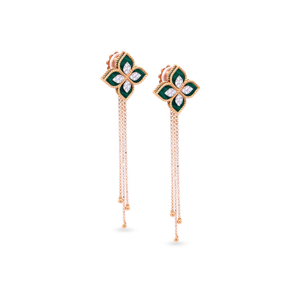 ROBERTO COIN 'PRINCESS FLOWER' 18CT ROSE GOLD AND WHITE GOLD MALACHITE AND DIAMOND DROP EARRINGS (Image 2)
