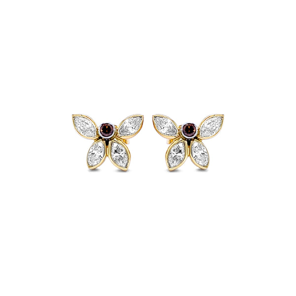 'BUTTERFLY' 18CT YELLOW GOLD AND 18CT WHITE GOLD WHITE DIAMOND AND COGNAC DIAMOND STUD EARRINGS (Image 2)