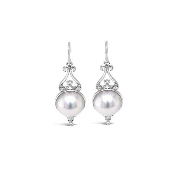 18CT WHITE GOLD MABE PEARL AND DIAMOND DROP EARRINGS (Image 1)