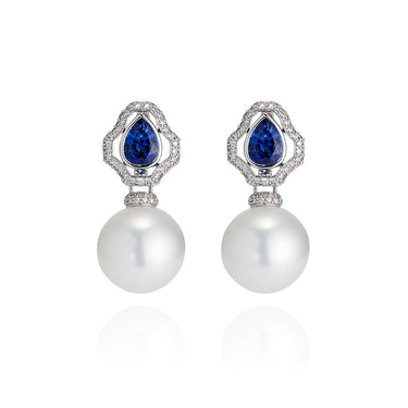 AUTORE 18CT WHITE GOLD SOUTH SEA PEARL, SAPPHIRE, AND DIAMOND EARRINGS