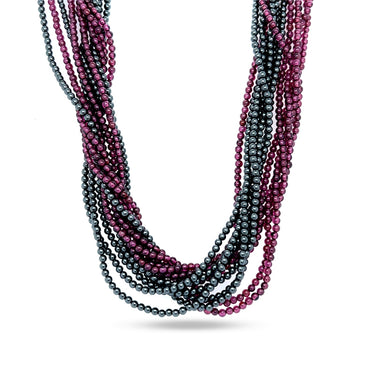 12 STRAND HAEMATITE AND GARNET NECKLACE WITH 14CT YELLOW GOLD DIAMOND SET CLASP