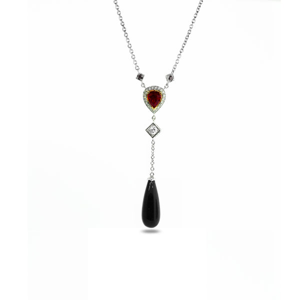 18CT WHITE AND ROSE GOLD RUBY, ONYX, WHITE AND BLACK DIAMOND NECKLACE (Image 1)