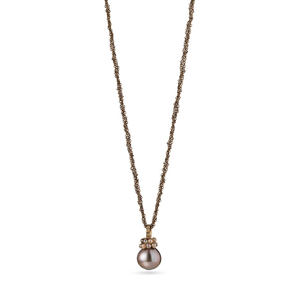 GELLNER 'RENDEZVOUS' 18CT ROSE GOLD BROWN DIAMOND TAHITIAN PEARL PENDANT ON BROWN RHODIUM SILVER CHAIN (Image 1)