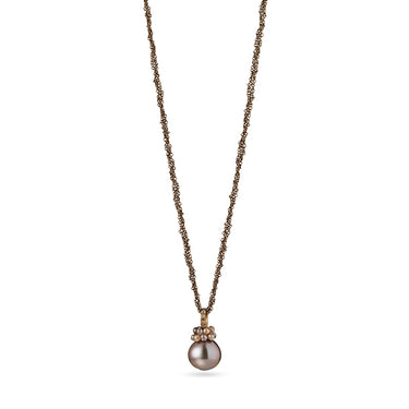 GELLNER 'RENDEZVOUS' 18CT ROSE GOLD BROWN DIAMOND TAHITIAN PEARL PENDANT ON BROWN RHODIUM SILVER CHAIN