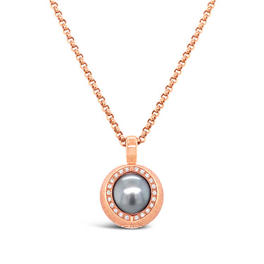 JORG HEINZ 18CT ROSE GOLD NATURAL BROWN AND WHITE DIAMOND TAHITIAN PEARL MAGIC PENDANT