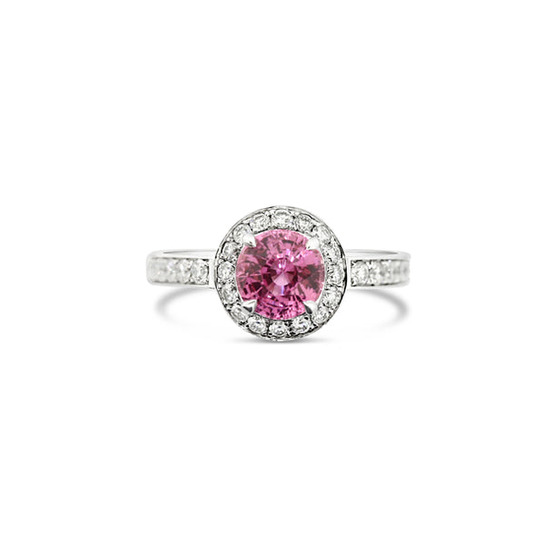 PLATINUM PINK SAPPHIRE AND DIAMOND HALO DESIGN RING (Image 1)