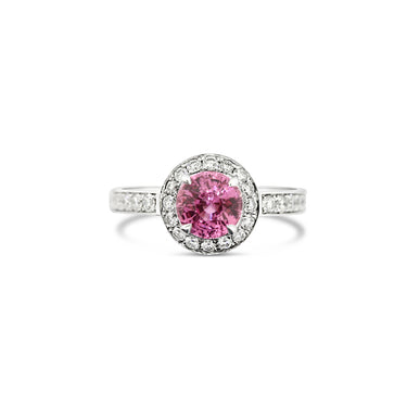 PLATINUM PINK SAPPHIRE AND DIAMOND HALO DESIGN RING