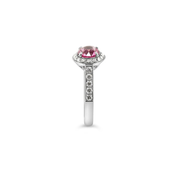 PLATINUM PINK SAPPHIRE AND DIAMOND HALO DESIGN RING (Image 2)