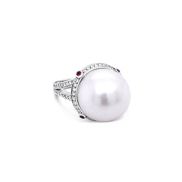 SOUTH SEA PEARL, RUBY AND DIAMOND RING IN 18CT WHITE GOLD