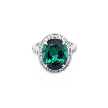 7.02CT OVAL CUT GREEN TOURMALINE AND DIAMOND RING