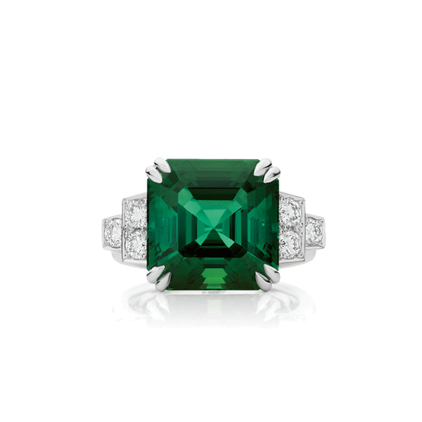 5.52ct ASSCHER CUT GREEN TOURMALINE AND DIAMOND RING IN 18CT WHITE GOLD (Image 1)
