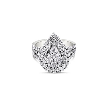 18CT WHITE GOLD PEARSHAPED DOUBLE HALO DIAMOND DRESS RING