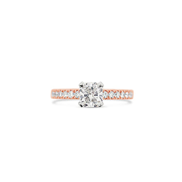 18CT WHITE AND ROSE GOLD CUSHION CUT AND ROUND BRILLIANT CUT DIAMOND RING