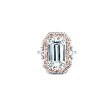 18CT WHITE GOLD 7.09CT EMERALD CUT DOUBLE HALO WHITE AND PINK DIAMOND RING