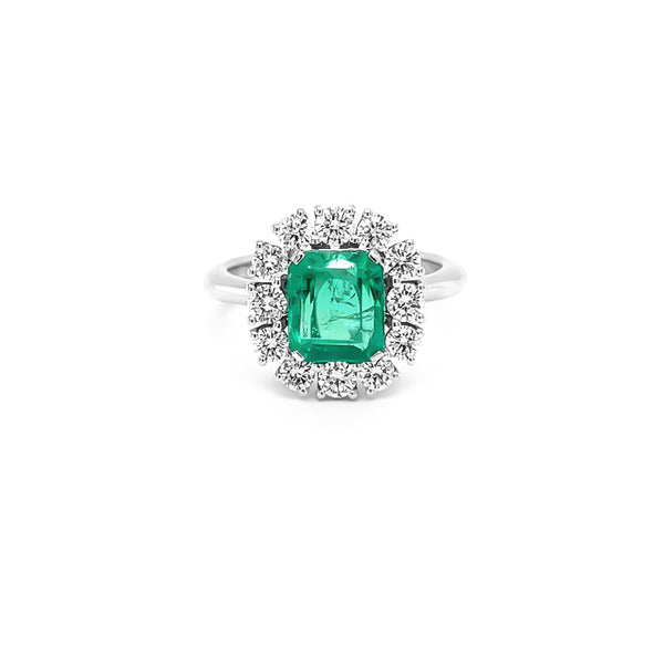 NEW ITALIAN ART 18CT WHITE GOLD COLUMBIAN EMERALD AND DIAMOND RING (Image 2)
