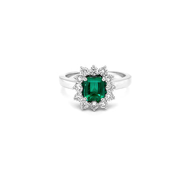 NEW ITALIAN ART 18CT WHITE GOLD 1.05CT EMERALD AND DIAMOND CLUSTER STYLE DRESS RING