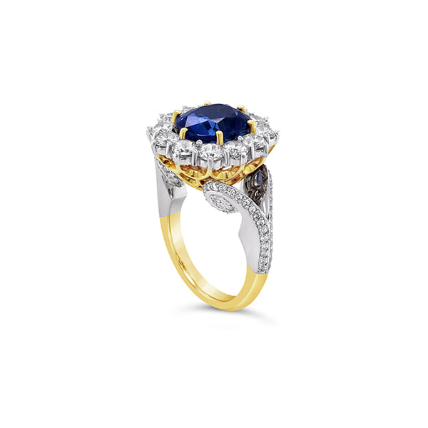 18CT YELLOW GOLD AND WHITE GOLD CEYLON TYPE SAPPHIRE AND DIAMOND RING (Image 3)