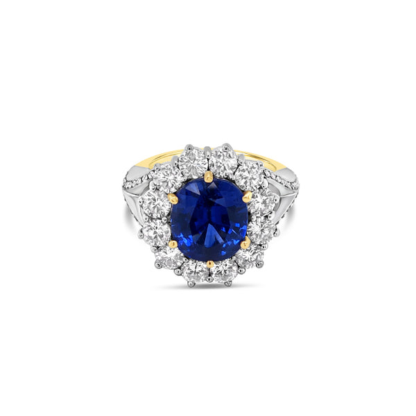 18CT YELLOW GOLD AND WHITE GOLD CEYLON TYPE SAPPHIRE AND DIAMOND RING (Image 2)