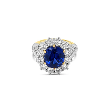 18CT YELLOW GOLD AND WHITE GOLD CEYLON TYPE SAPPHIRE AND DIAMOND RING