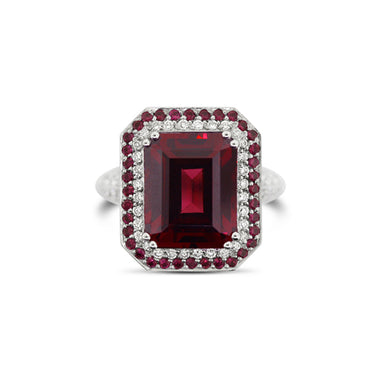 18CT WHITE AND ROSE GOLD RHODOLITE GARNET RUBY AND DIAMOND DRESS RING