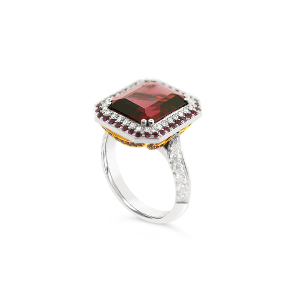 18CT WHITE AND ROSE GOLD RHODOLITE GARNET RUBY AND DIAMOND DRESS RING (Image 2)