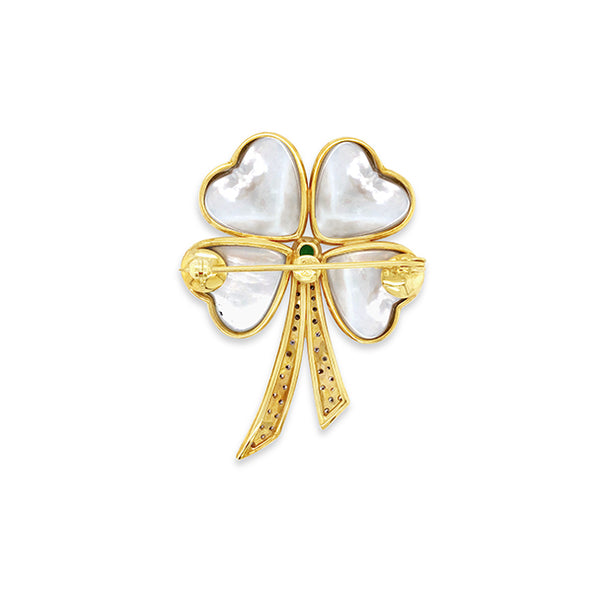 'CLOVER' 18CT YELLOW GOLD MABE PEARL, EMERALD AND DIAMOND BROOCH (Image 2)