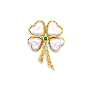 'CLOVER' 18CT YELLOW GOLD MABE PEARL, EMERALD AND DIAMOND BROOCH