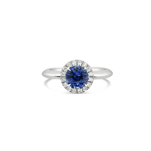 18CT WHITE GOLD CEYLON SAPPHIRE AND DIAMOND HALO DESIGN RING (Image 1)