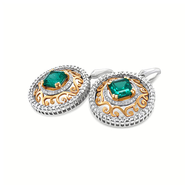 18CT YELLOW GOLD AND WHITE GOLD COLOMBIAN EMERALD AND DIAMOND DROP EARRINGS (Image 2)