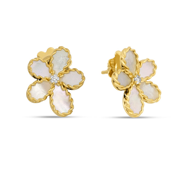 "JASMINE" 18ct YELLOW GOLD DIAMOND & MOTHER OF PEARL & RUBY EARRINGS (Image 1)